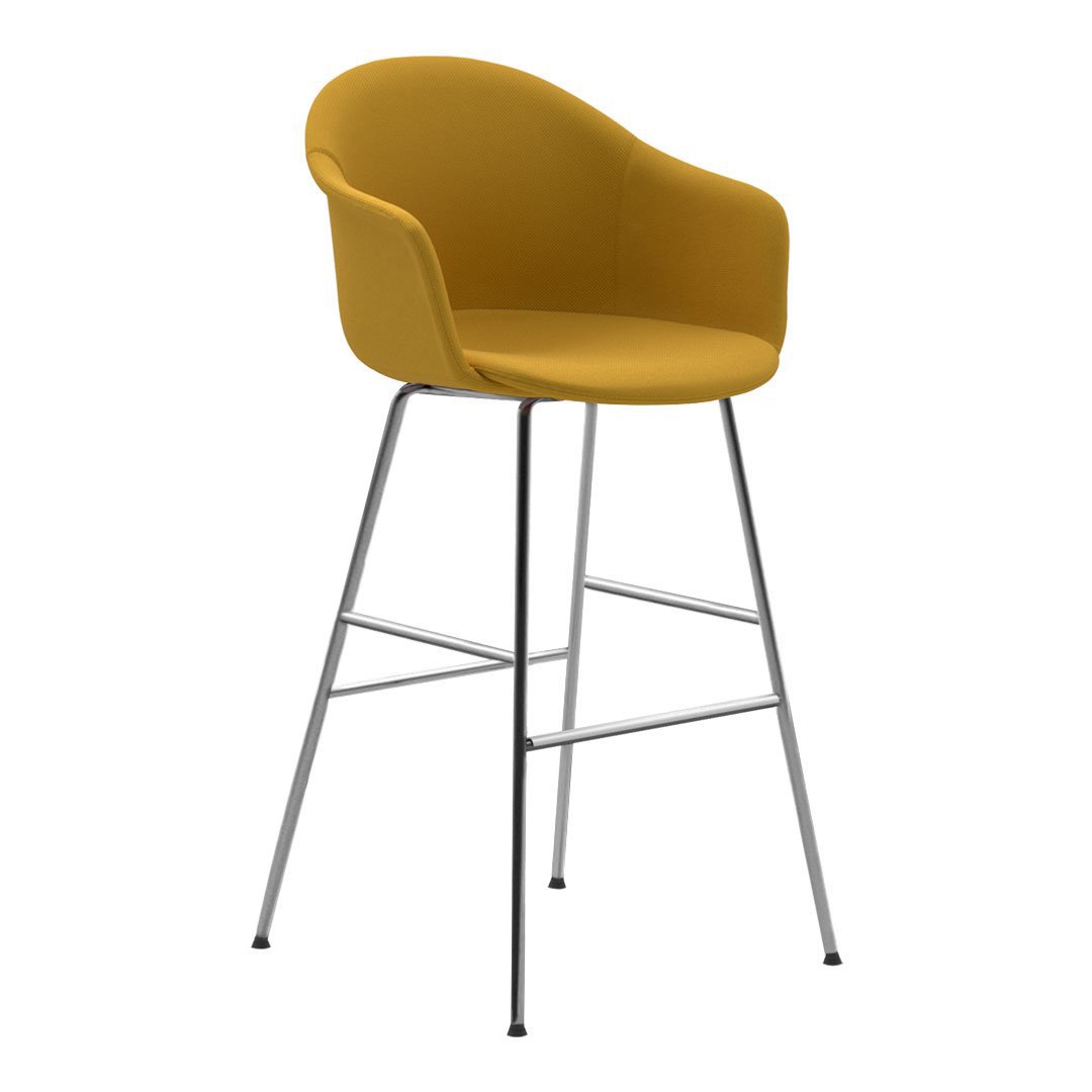 Yellow upholstered bar stool with a sleek chrome base, perfect for modern interiors.