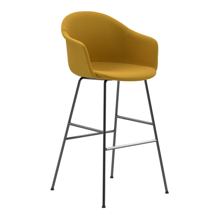 Mustard yellow bar stool with sleek black metal legs, perfect for modern decor. Classic, stylish, and versatile design.