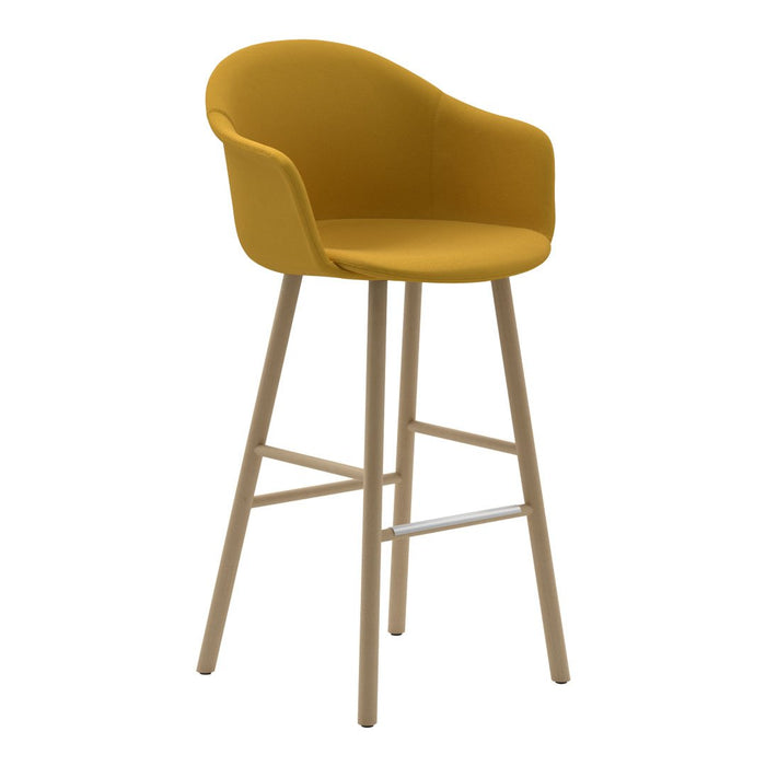 Yellow upholstered bar stool with a smooth curved back and light wooden legs. Ideal for modern decor.
