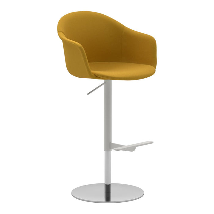 Yellow upholstered bar stool with a sleek silver base and minimalist design, perfect for modern interiors.