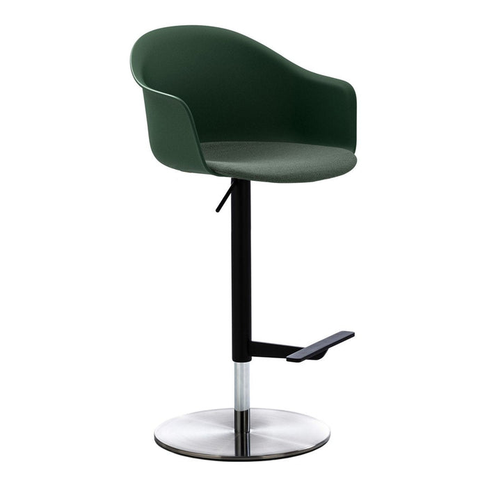 Green upholstered bar stool with a sleek black base and polished chrome circular footrest. Modern and stylish design.