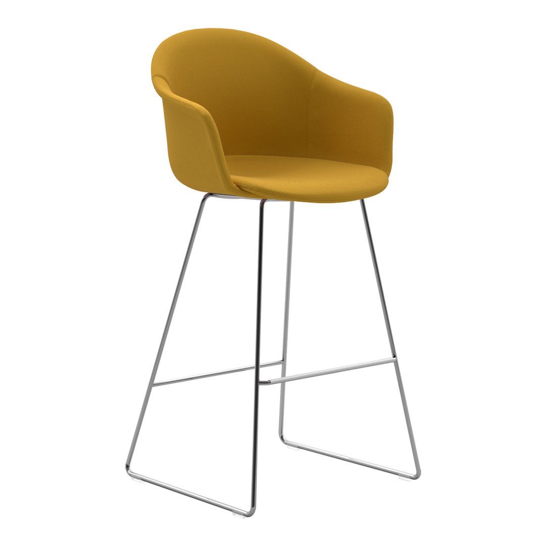 Yellow upholstered bar stool with a sleek chrome base and contemporary design. Perfect for modern interiors.