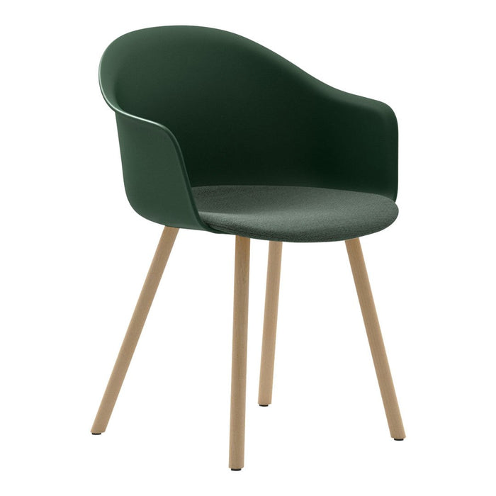 Green plastic chair with a smooth finish and wooden legs, featuring a modern, minimalist design.