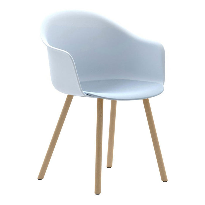 Sleek light blue chair with smooth surface and natural wood legs, perfect for modern decor.