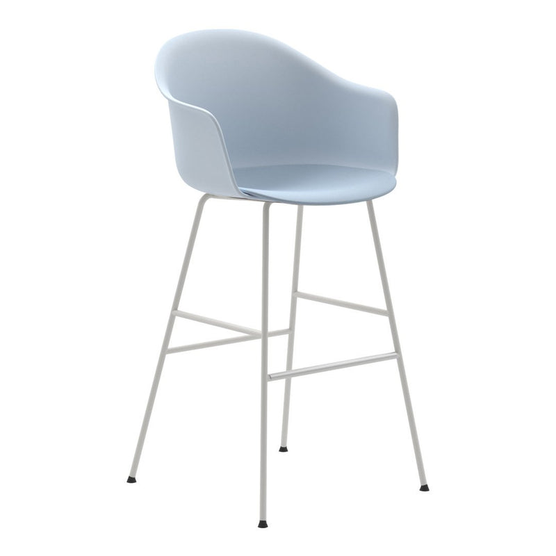 Light blue modern bar stool with a smooth, curved seat and white metal legs. Stylish and minimalistic design.
