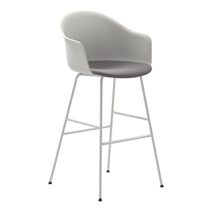 White bar stool with gray seat cushion and minimalist design, featuring sleek metal legs. Perfect for modern decor.