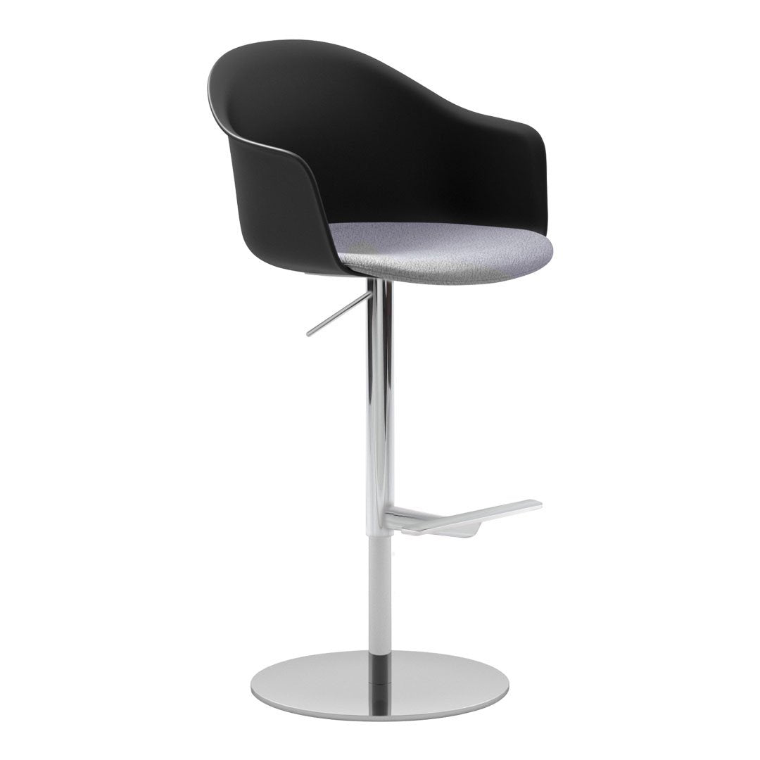 Mani Plastic Armshell Bar Stool - Chrome Footrest - Disc Base w/ Gas Lift - Seat Upholstered