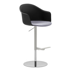 Mani Plastic Armshell Bar Stool - Milk Painted Steel Footrest - Disc Base w/ Gas Lift - Seat Upholstered