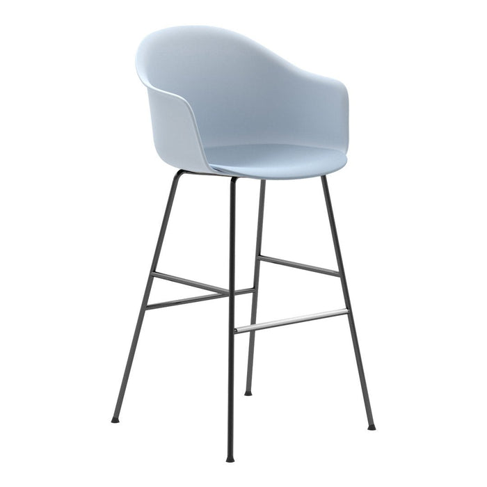 Light blue modern bar stool with sleek black metal legs and minimalist design.