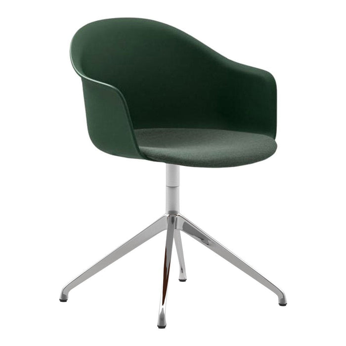Green upholstered chair with smooth curves and sleek chrome base, perfect for modern decor.