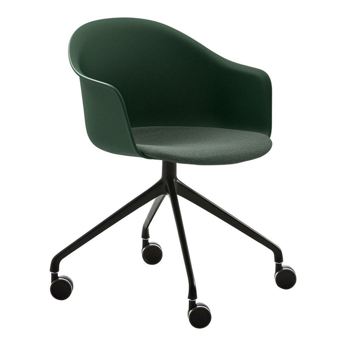 Modern green chair with a smooth finish and black five-spoke base, ideal for stylish home or office decor.