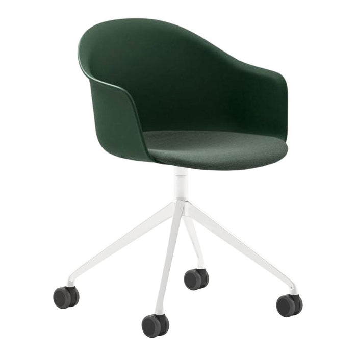 Green fabric swivel chair with a sleek white base and rolling wheels, featuring a minimalist and modern design.