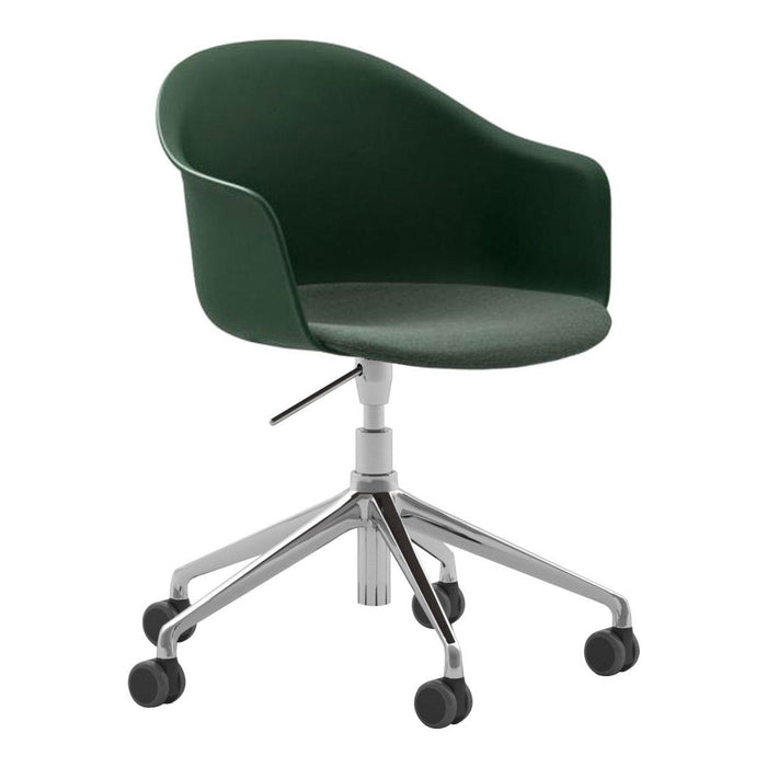 Green upholstered chair with a modern curved design and chrome base, featuring a sleek, minimalist style.