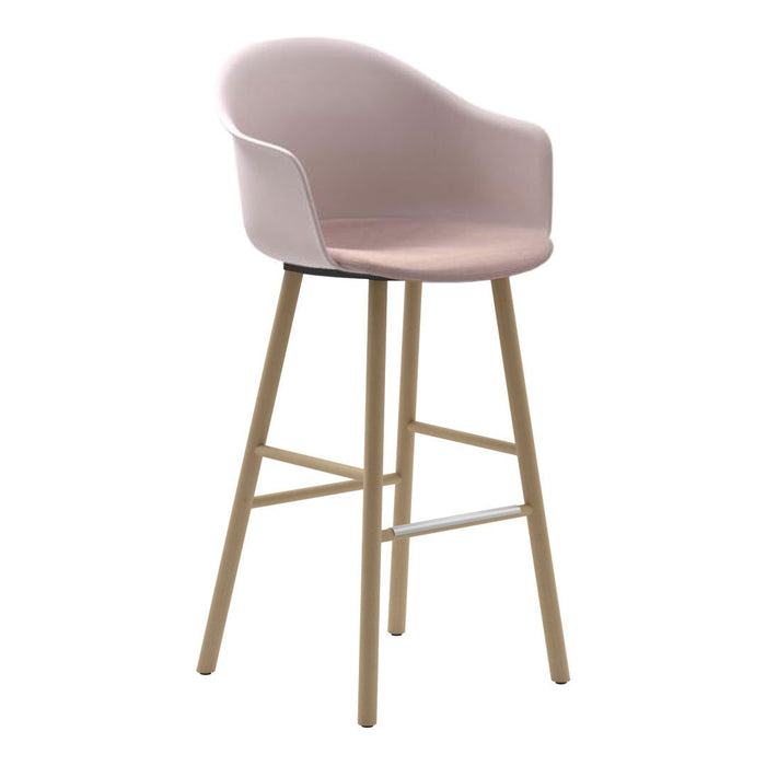 Blush pink bar stool with a smooth seat and natural wood legs, perfect for modern decor.