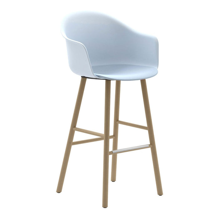 Modern white bar stool with smooth curves and natural wood legs, ideal for a minimalist decor.