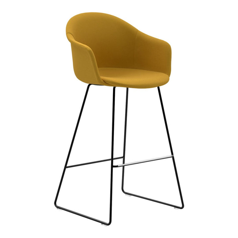 Yellow upholstered bar stool with sleek black metal legs, modern design, smooth surface, and curved backrest.