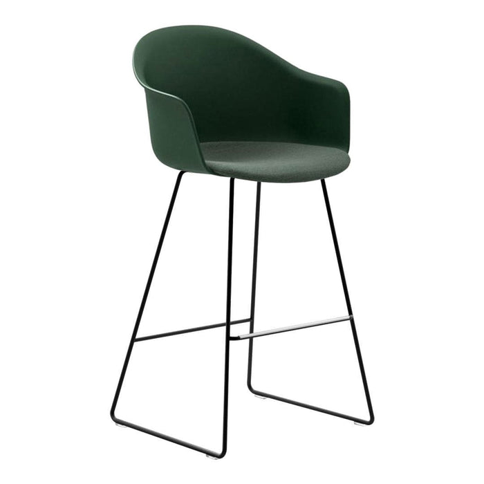 Green upholstered bar stool with a sleek black metal frame, featuring a modern, minimalist design.