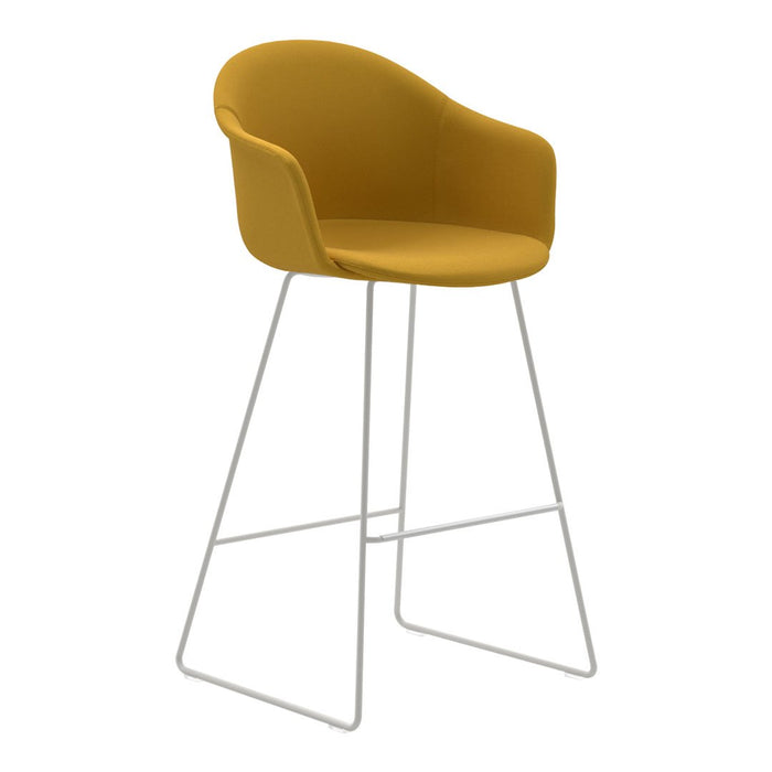 Yellow molded seat bar stool with sleek white metal legs, perfect for modern decor.