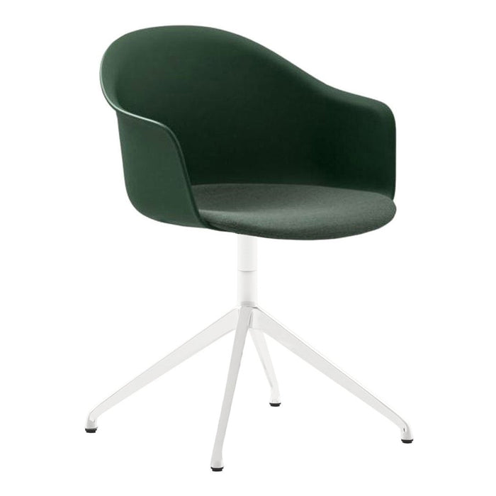 Green upholstered chair with smooth, curved design and a white metal base. Modern, minimalist aesthetic.