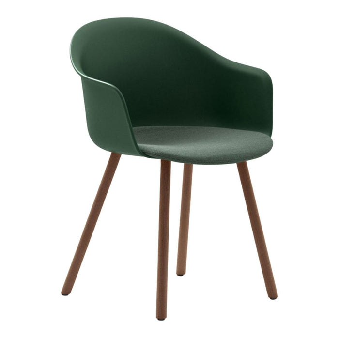 Green molded chair with a soft fabric seat and brown wooden legs, featuring a sleek, modern design.