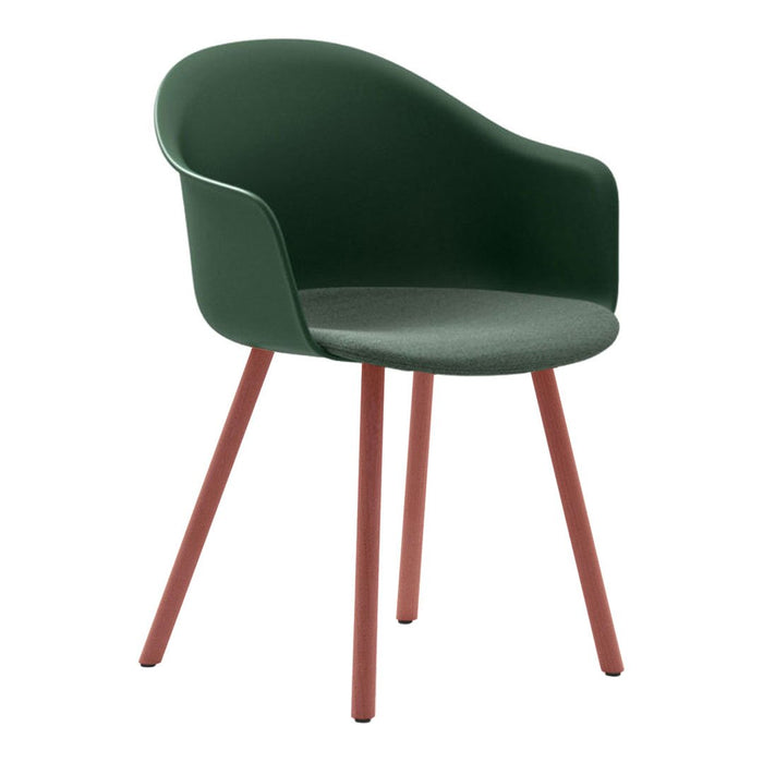 Green chair with a smooth finish and contrasting reddish-brown legs, perfect for modern decor.