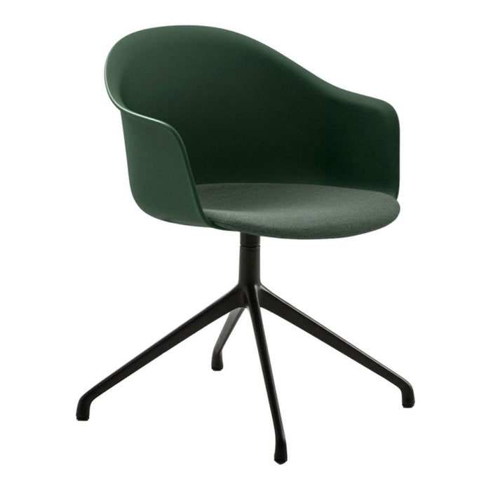 Green curved chair with a smooth finish and matte black legs, perfect for modern decor.