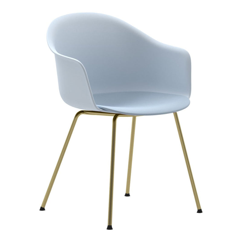 "Minimalist white chair with smooth curves and elegant gold legs, perfect for modern decor."