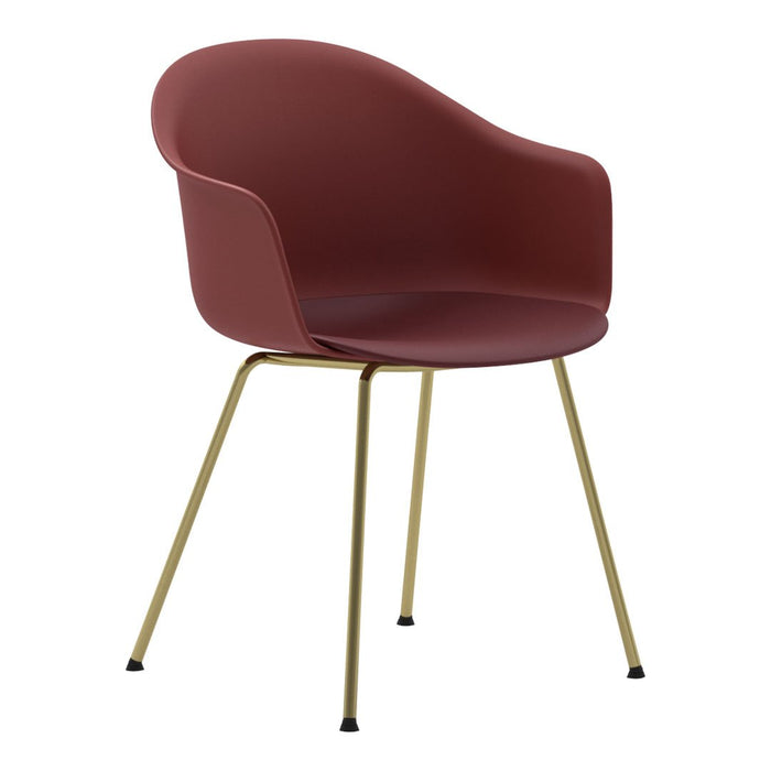 Modern burgundy chair with smooth, rounded edges and gold metal legs. Ideal for stylish interiors.