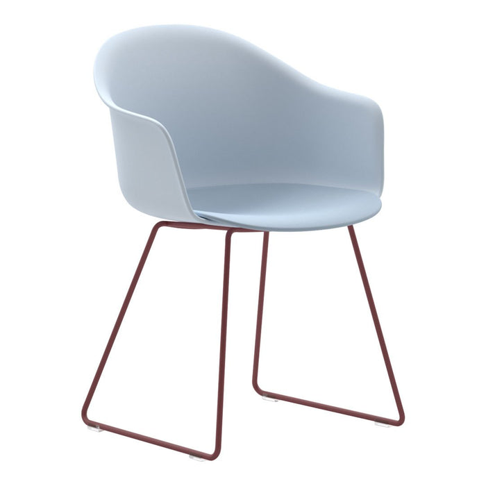 Light blue chair with a smooth finish and minimalist red wire legs, perfect for modern décor.