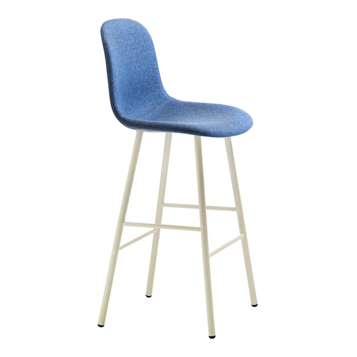 Blue upholstered bar stool with a sleek, minimalist design and white metal legs. Ideal for modern interiors.