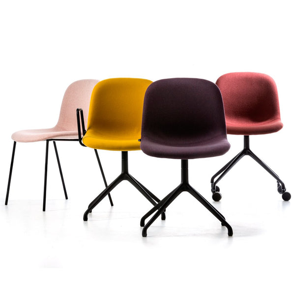 Colorful chairs in pink, yellow, purple, and red with sleek black legs, showcasing modern design and vibrant patterns.