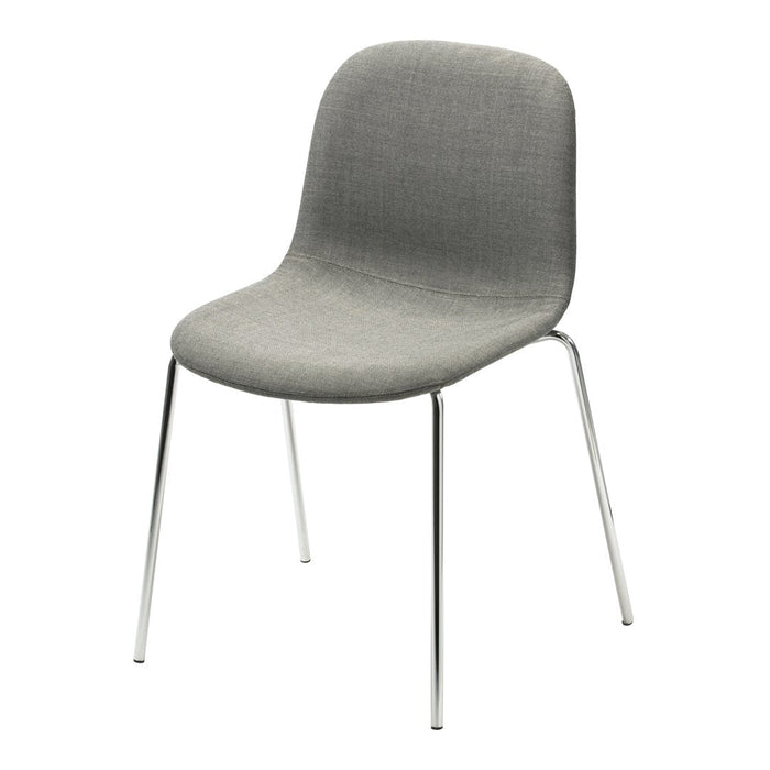 Gray upholstered chair with a smooth, minimalist design and shiny chrome legs. Ideal for modern decor.