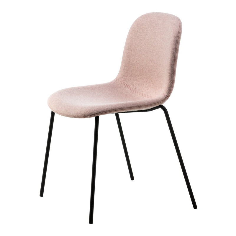 Soft pink upholstered chair with a sleek black metal frame, offering a minimalist and modern aesthetic.