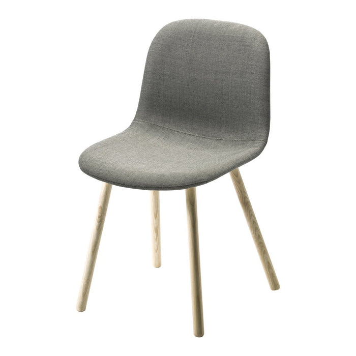 Gray upholstered chair with a smooth texture and natural wood legs, perfect for modern decor.