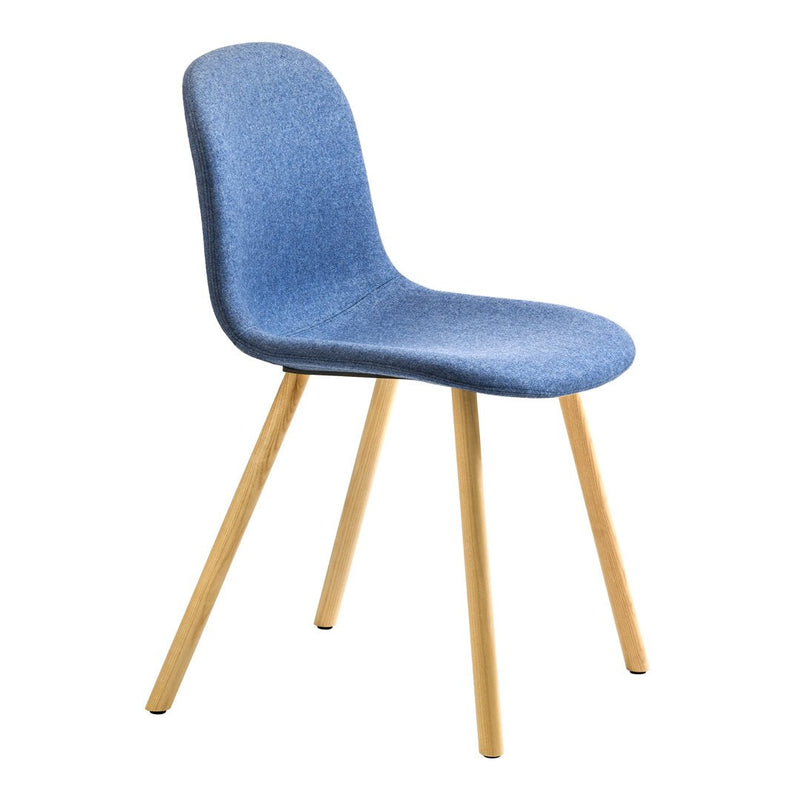 Light blue upholstered chair with wood legs, featuring a smooth, minimalist design. Ideal for modern decor.