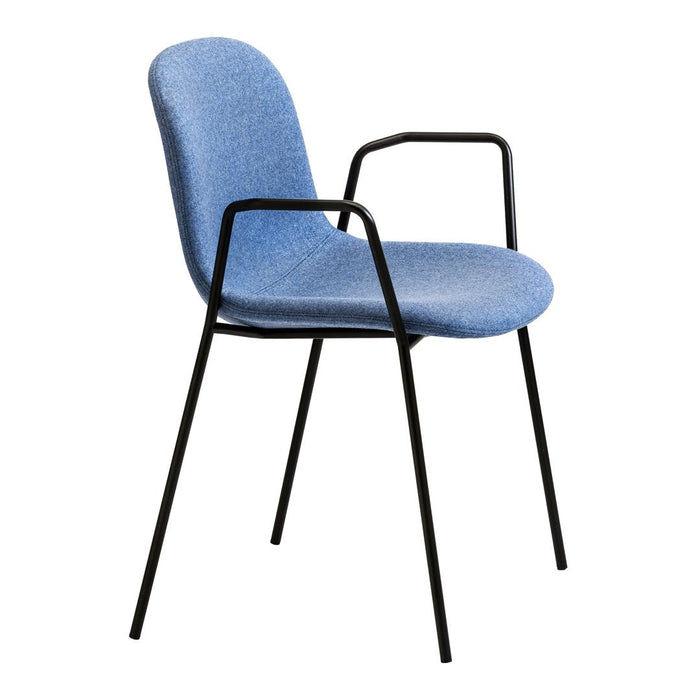 Light blue upholstered chair with a textured finish and sleek black metal legs.