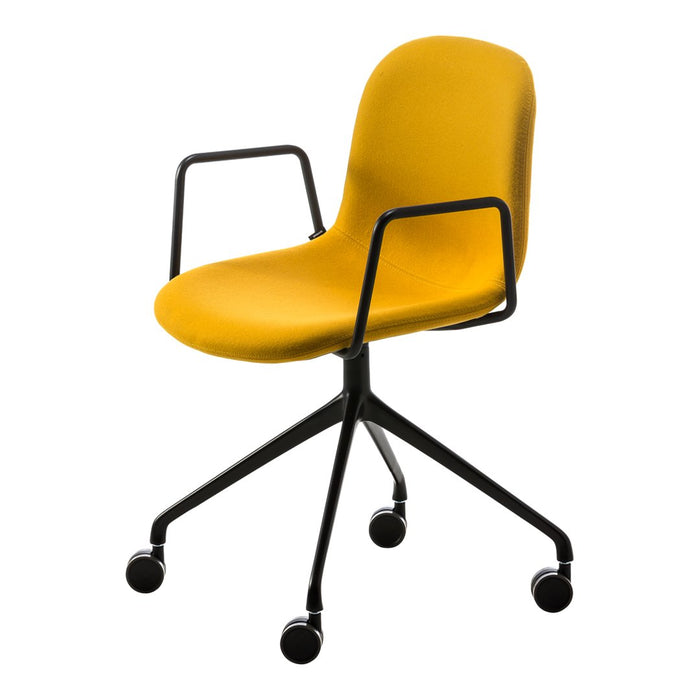 Yellow ergonomic chair with black metal frame and wheels, featuring a smooth, minimalist design.