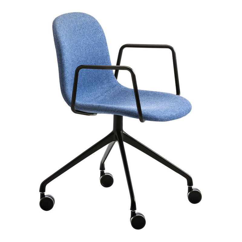 Blue upholstered office chair with a smooth fabric finish and sleek black metal frame, featuring five rolling casters.