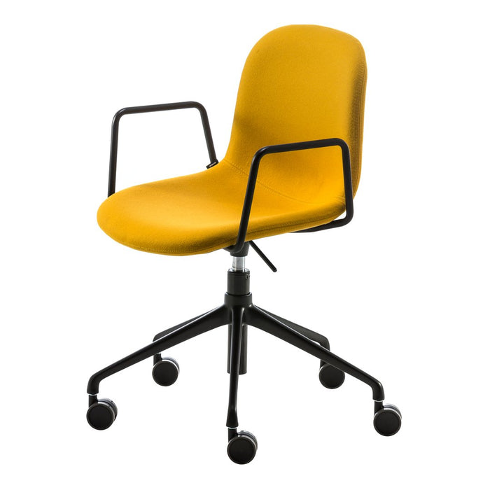 Yellow ergonomic chair with a sleek design and black metal base, featuring a smooth, minimalist finish.