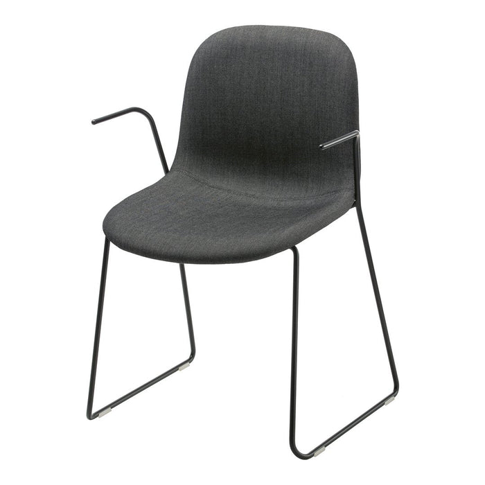 Gray fabric chair with a smooth, minimalist design and sleek black metal legs. Perfect for modern decor.