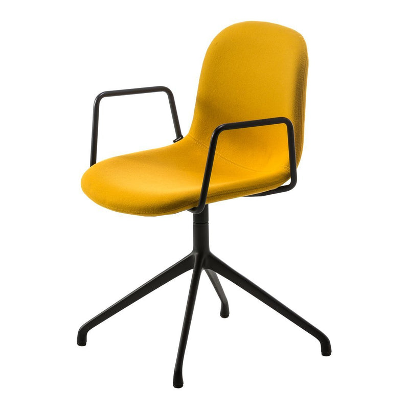 Bright yellow ergonomic chair with a minimalist design and black metal base. Ideal for modern home or office decor.