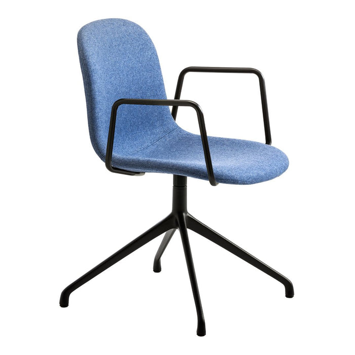 Blue upholstered chair with a textured pattern and black metal arms and base, perfect for modern offices.