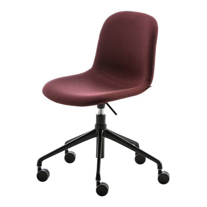 Burgundy upholstered office chair with a sleek, minimalist design and black wheeled base.