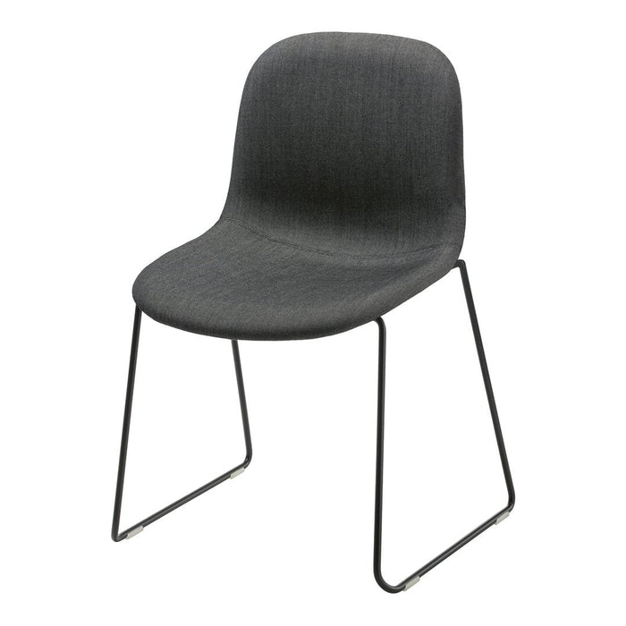 Gray fabric dining chair with a smooth finish and minimalist black metal legs, perfect for modern decor.