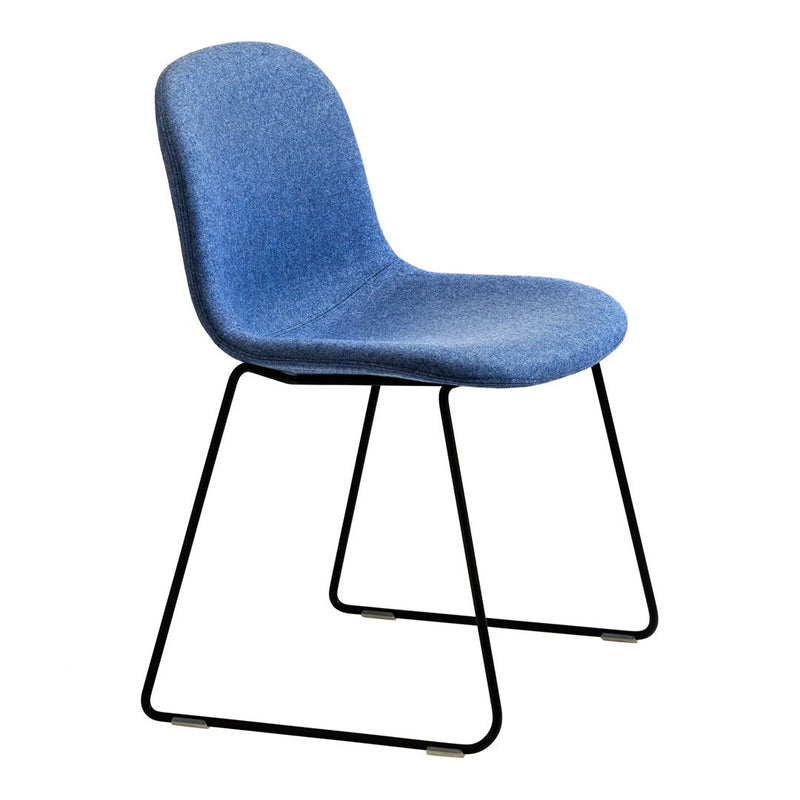 Blue fabric dining chair with a smooth texture and a modern black metal base.