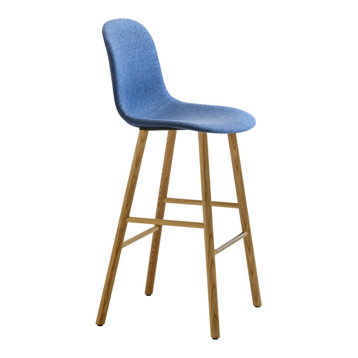 Blue upholstered stool with a sleek design and natural wooden legs, perfect for modern interiors.