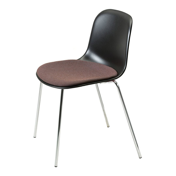 Black chair with a rounded back and a brown fabric seat, featuring sleek chrome legs for a modern look.