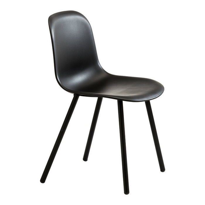 Black modern chair with a smooth finish and slender black legs. Perfect for minimalist décor.