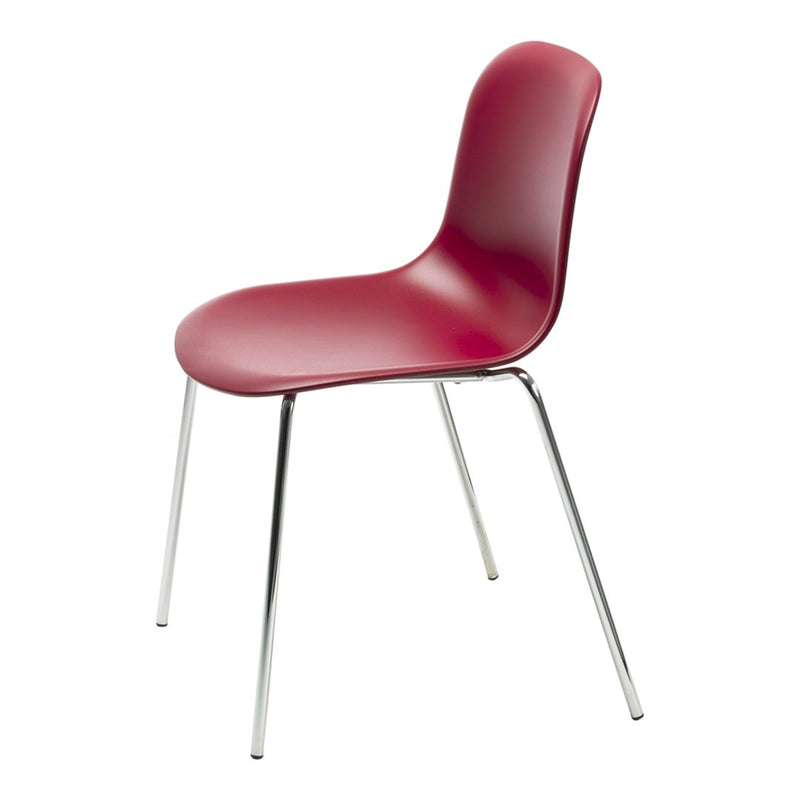 Red molded chair with a sleek, modern design and shiny chrome legs. Perfect for contemporary decor.