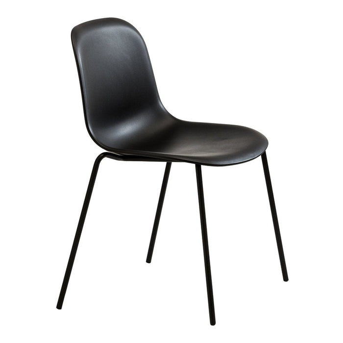 Sleek black chair with smooth, curved lines and slender black metal legs, ideal for modern decor.